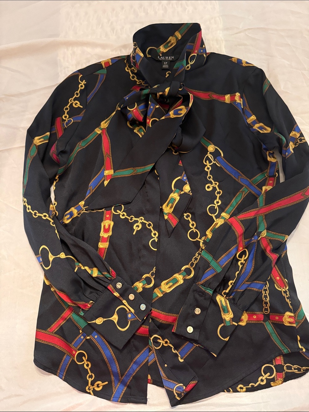 Ralph Lauren Black Long-Sleeve Silk Bow-Neck Chain & Belt Print Shirt